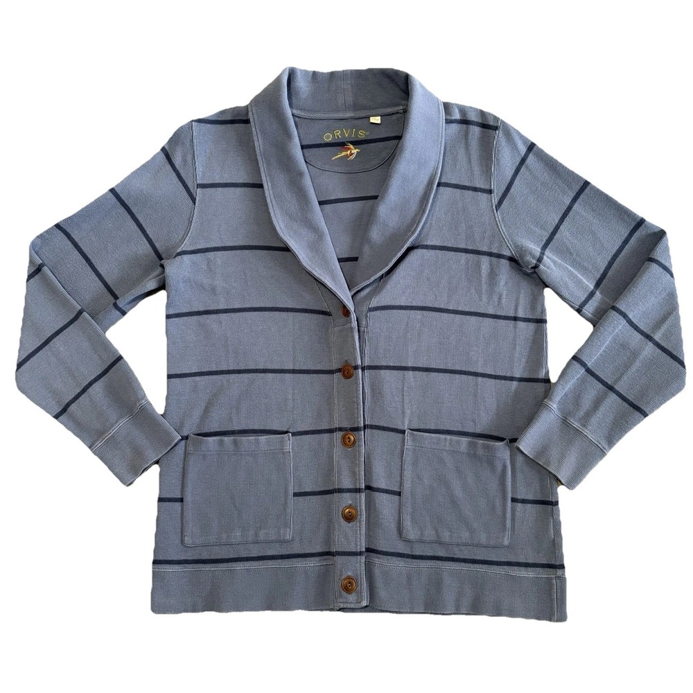 Orvis Cardigan Sweater Mens M Blue Shawl Collar Pocket Cottage Fisherman Vintage